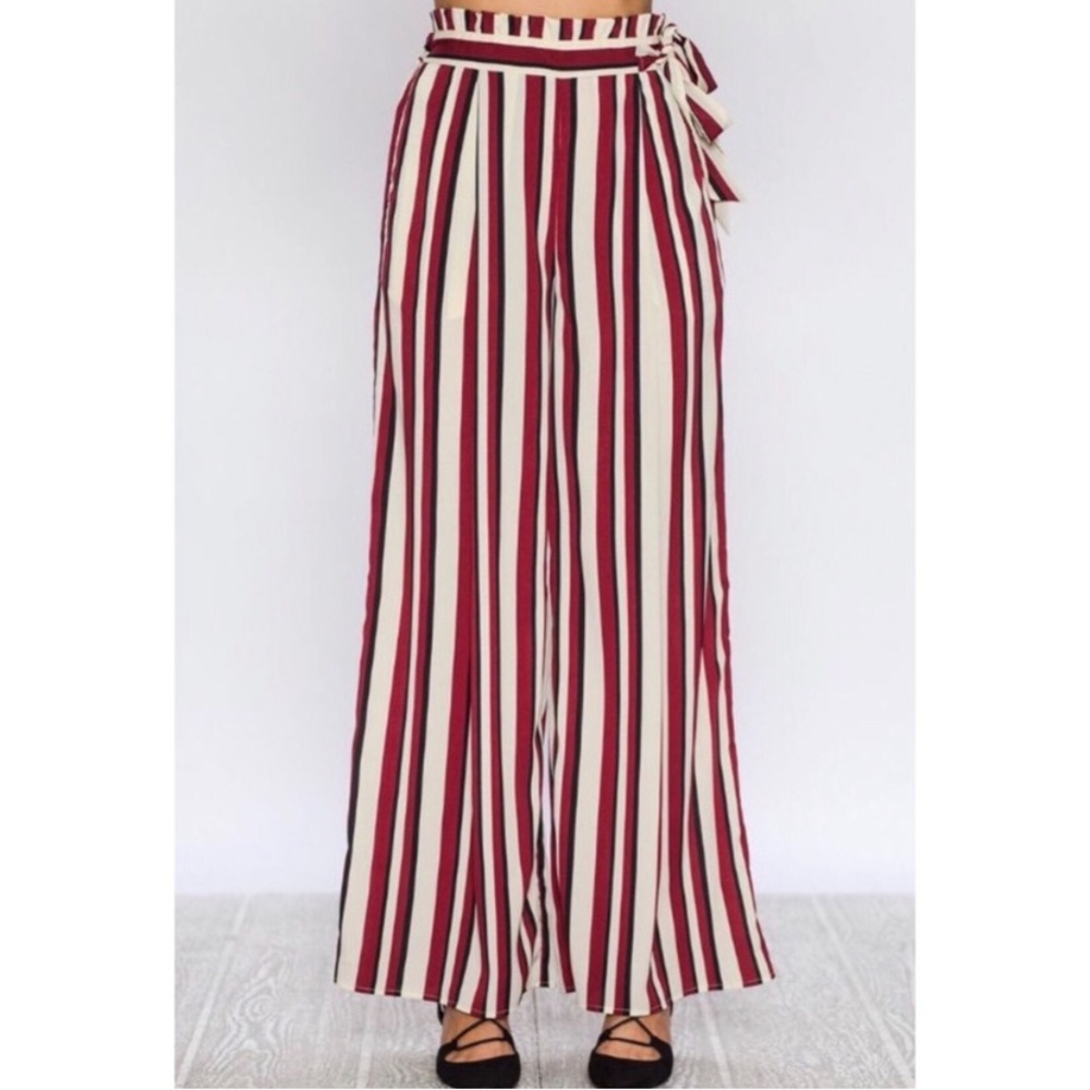 Burgundy striped high waist wide leg pants